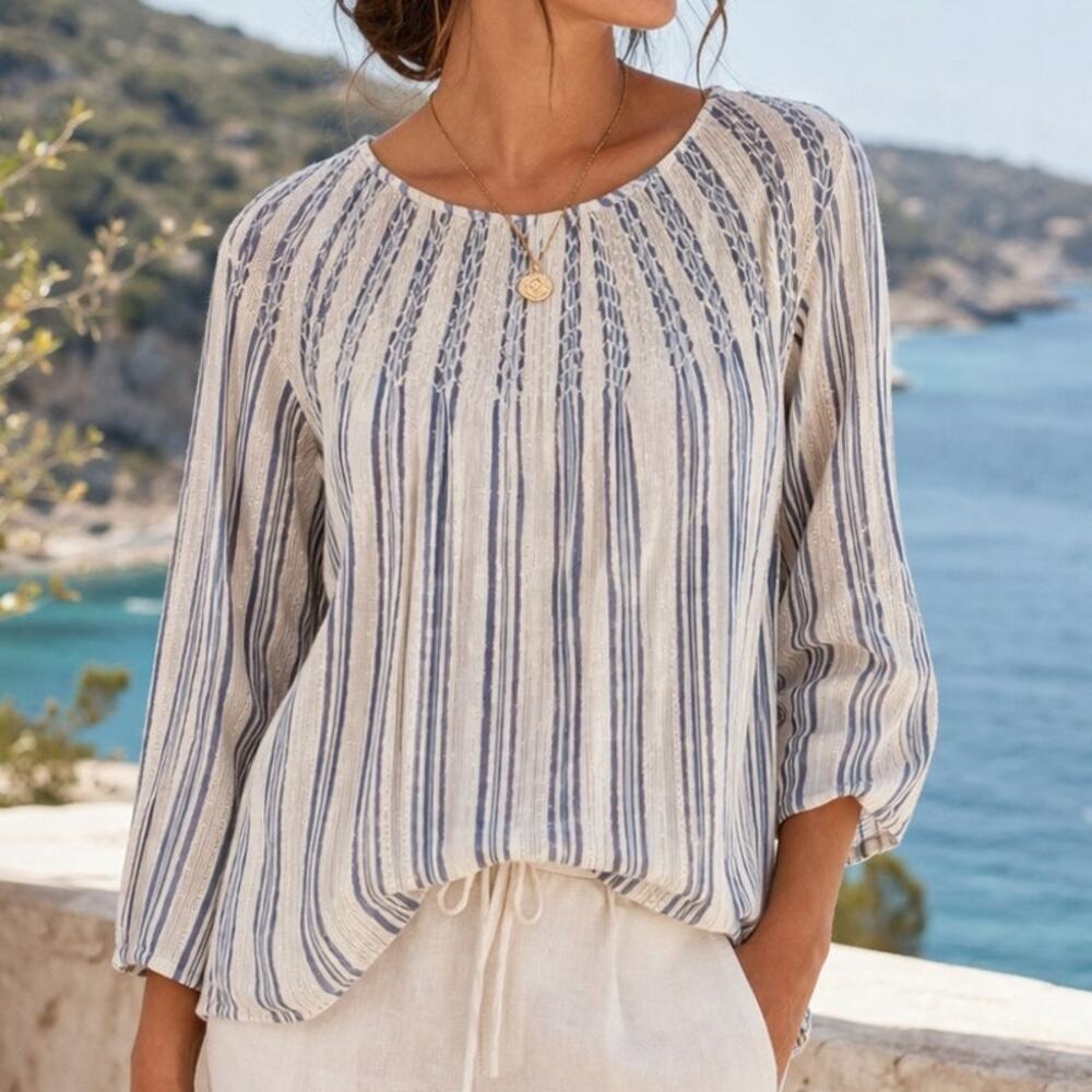 J Jill Blue Sparkle Stripe Smocked Top Large